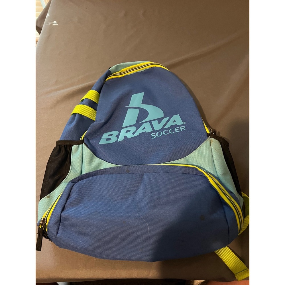 Brava Soccer Kids Backpack Blue Lime Green Sports Gear Bag Mesh Pockets